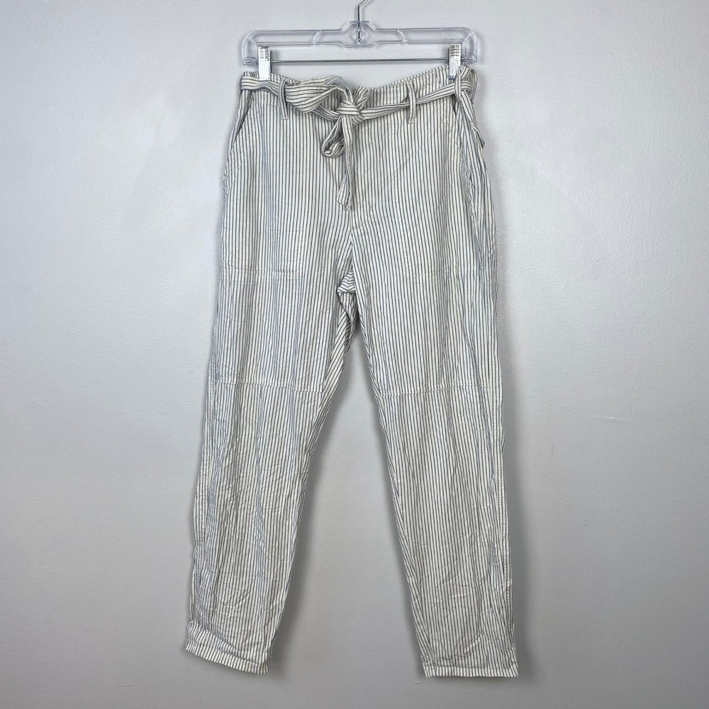 American Eagle Tie Waist Straight‎ Leg White Blue Stripe Cotton Pants Size 4